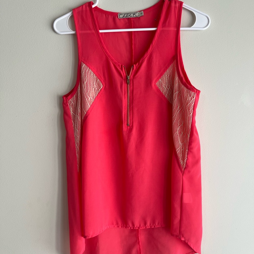 Chloe K Vibrant Pink Tank Top with Lace Accents
